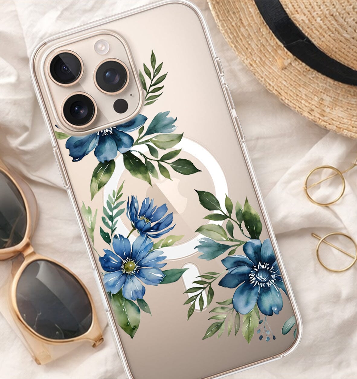 MagSafe iPhone 16 Pro Blue Floral Clear Case