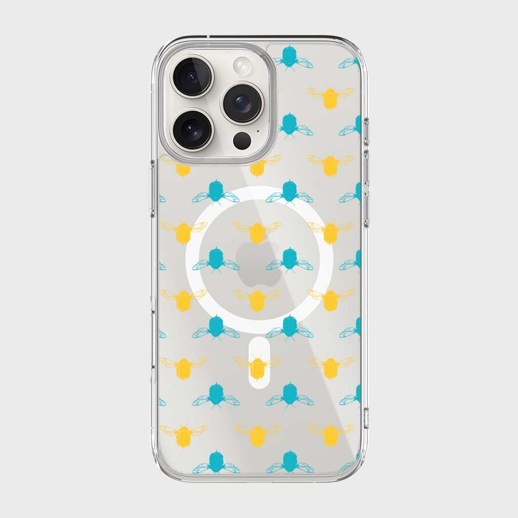 iPhone 16 Pro Clear Case - Blue and Yellow Bumble Design