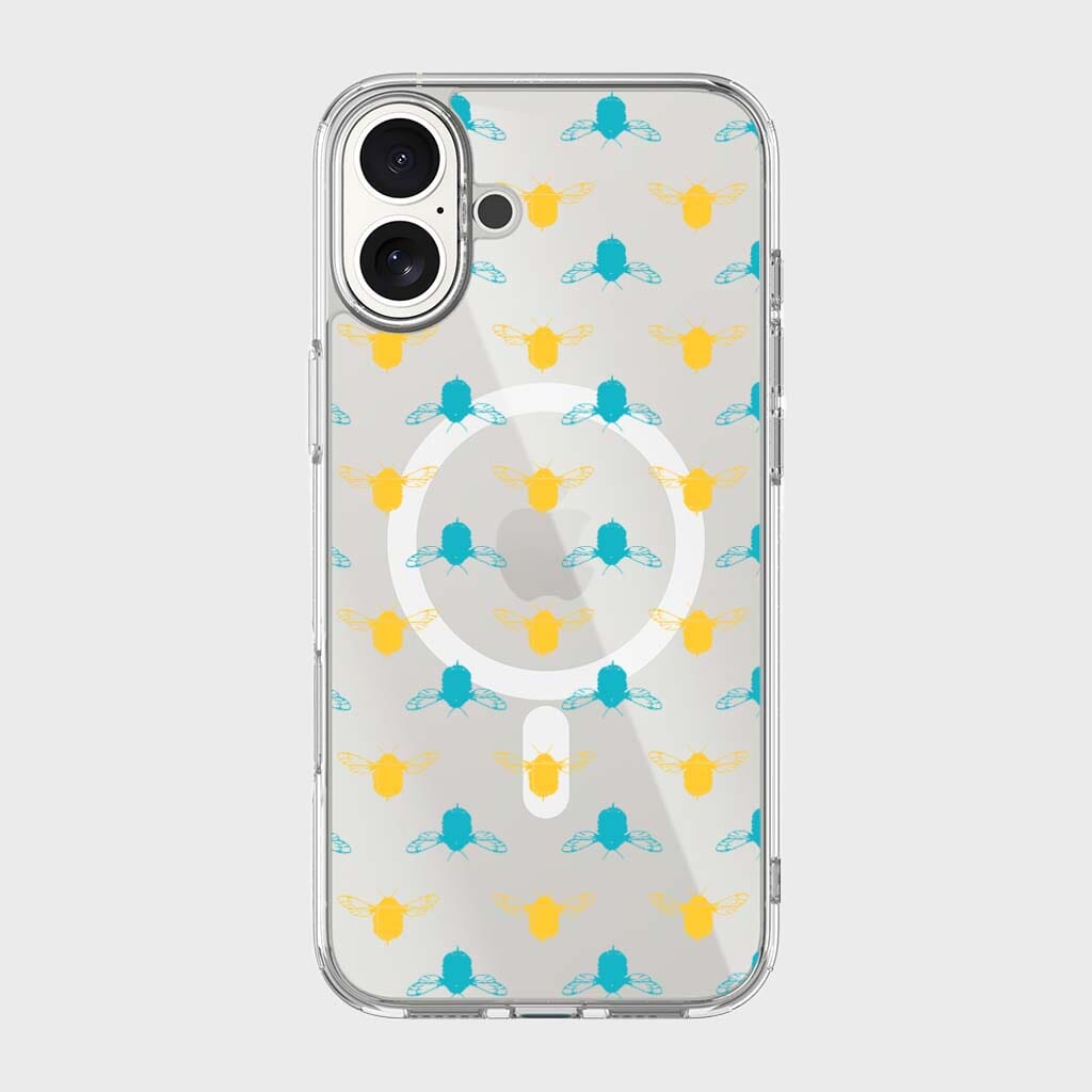 iPhone 16 Clear Case - Blue and Yellow Bumble Design