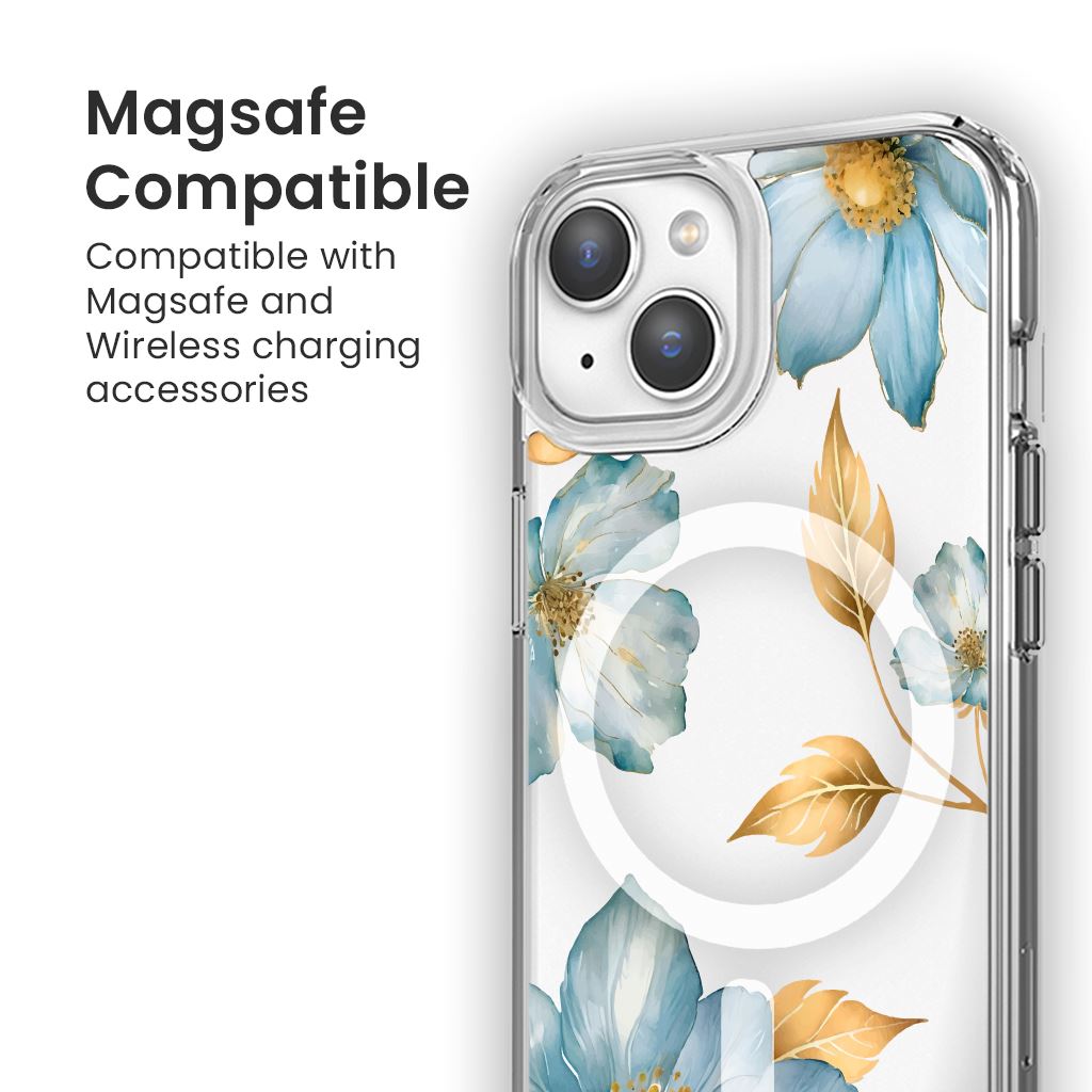 MagSafe iPhone 15 Blue Wildflower Clear Case