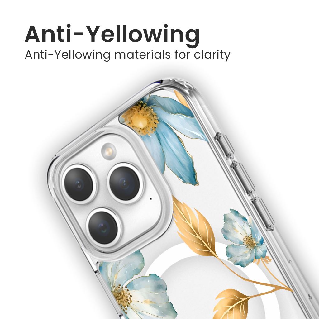 MagSafe iPhone 15 Pro Max Blue Wildflower Clear Case