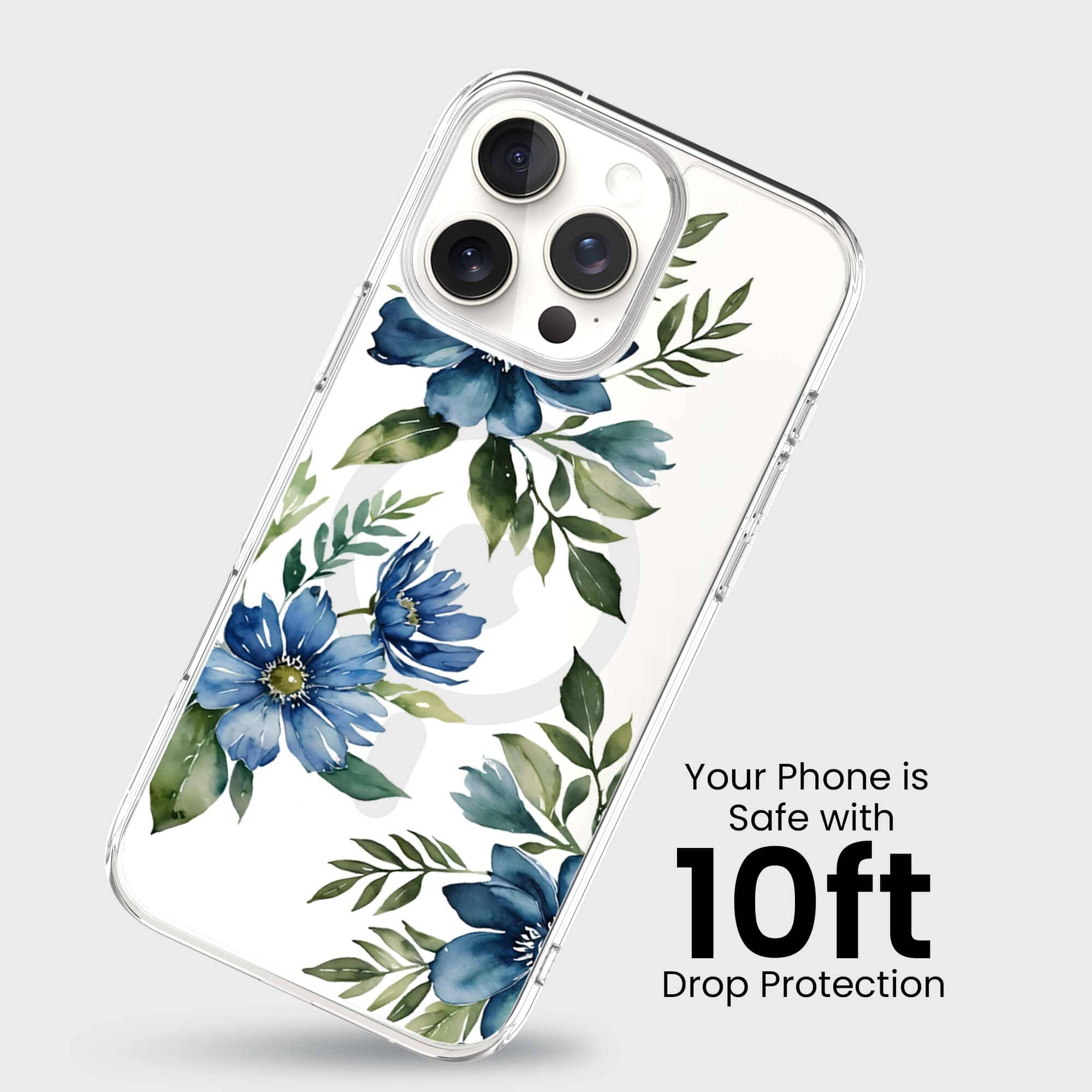 MagSafe iPhone 16 Pro Blue Floral Clear Case