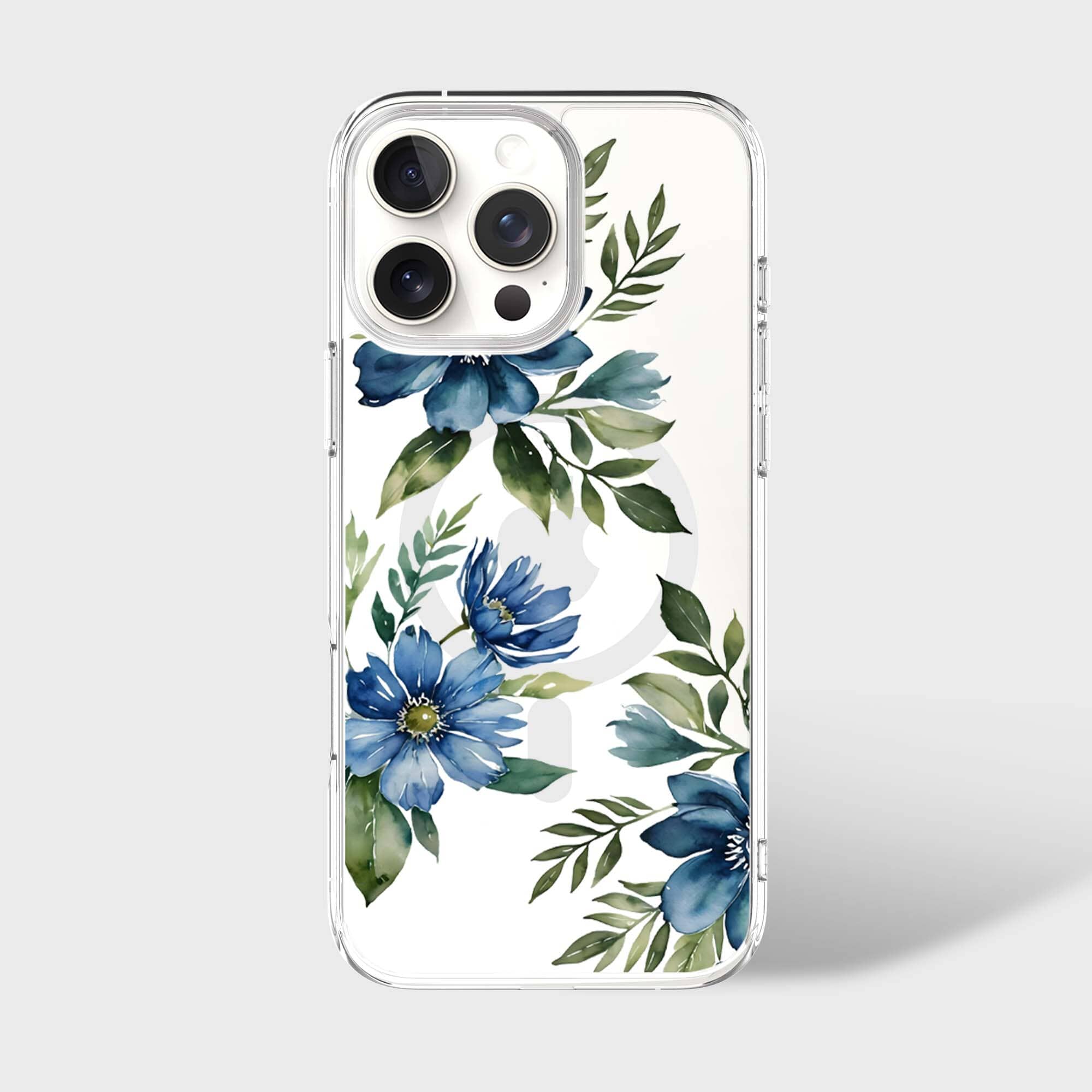MagSafe iPhone 16 Pro Max Blue Floral Clear Case