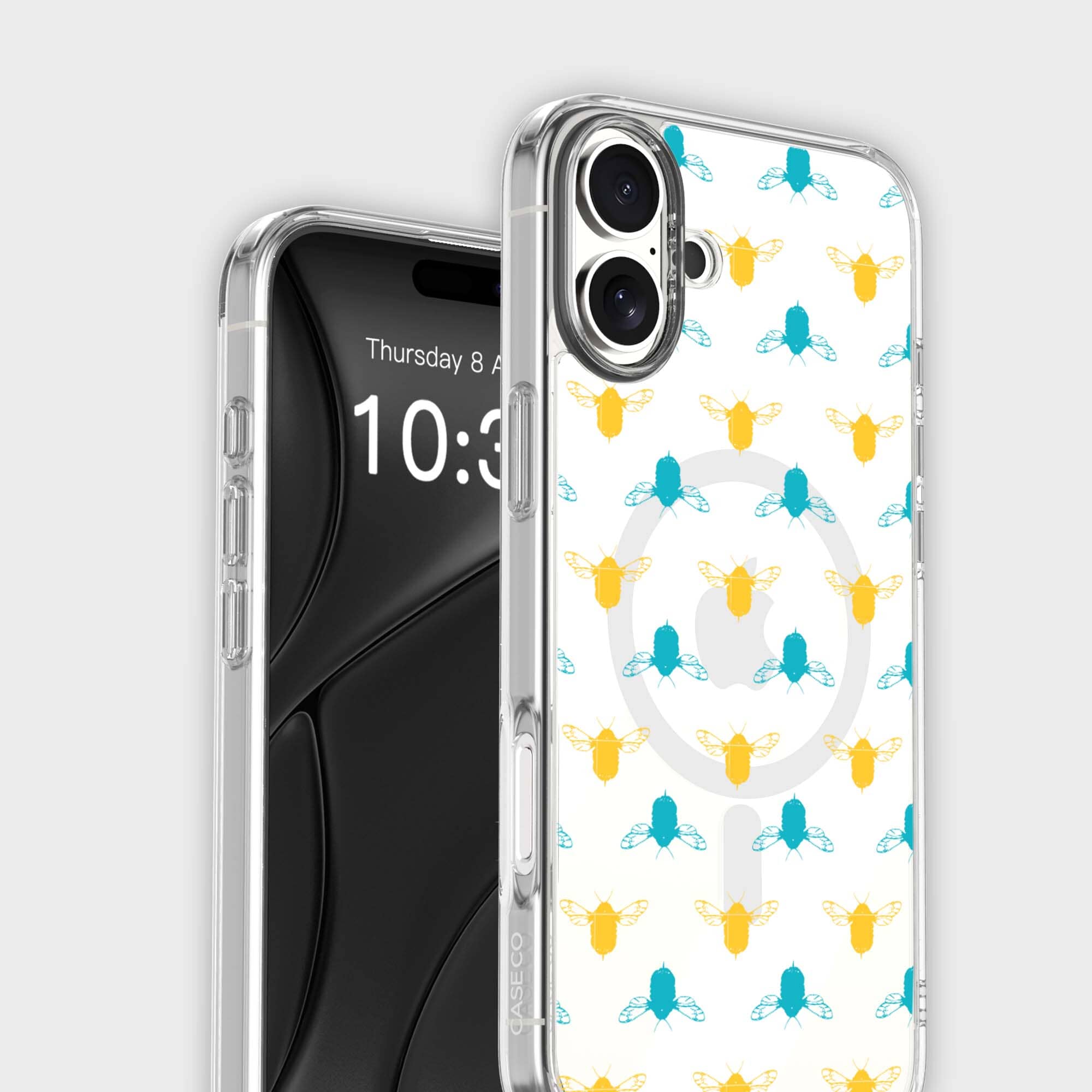 iPhone 16 Clear Case - Blue and Yellow Bumble Design