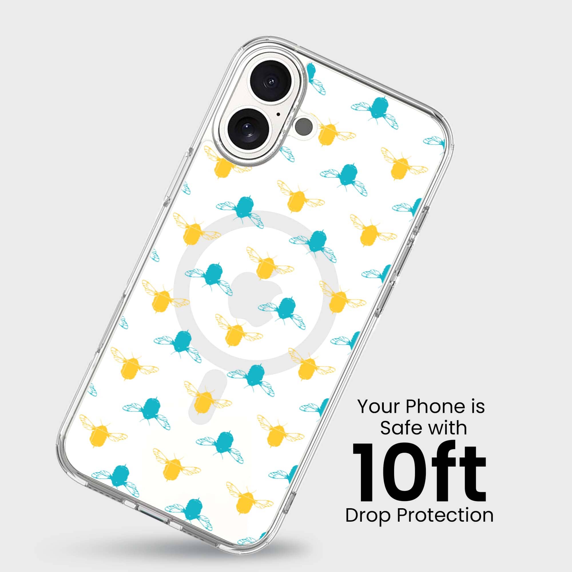 iPhone 16 Clear Case - Blue and Yellow Bumble Design