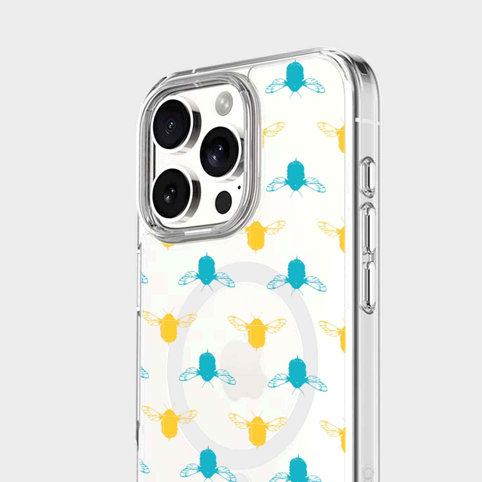 iPhone 16 Pro Clear Case - Blue and Yellow Bumble Design