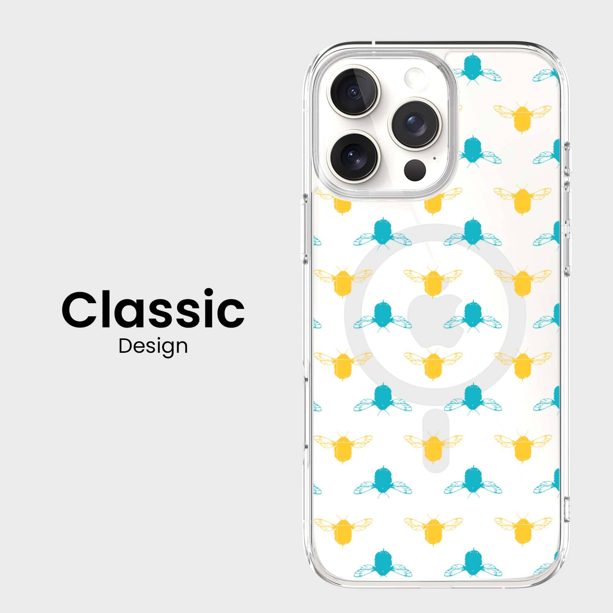 iPhone 16 Pro Clear Case - Blue and Yellow Bumble Design