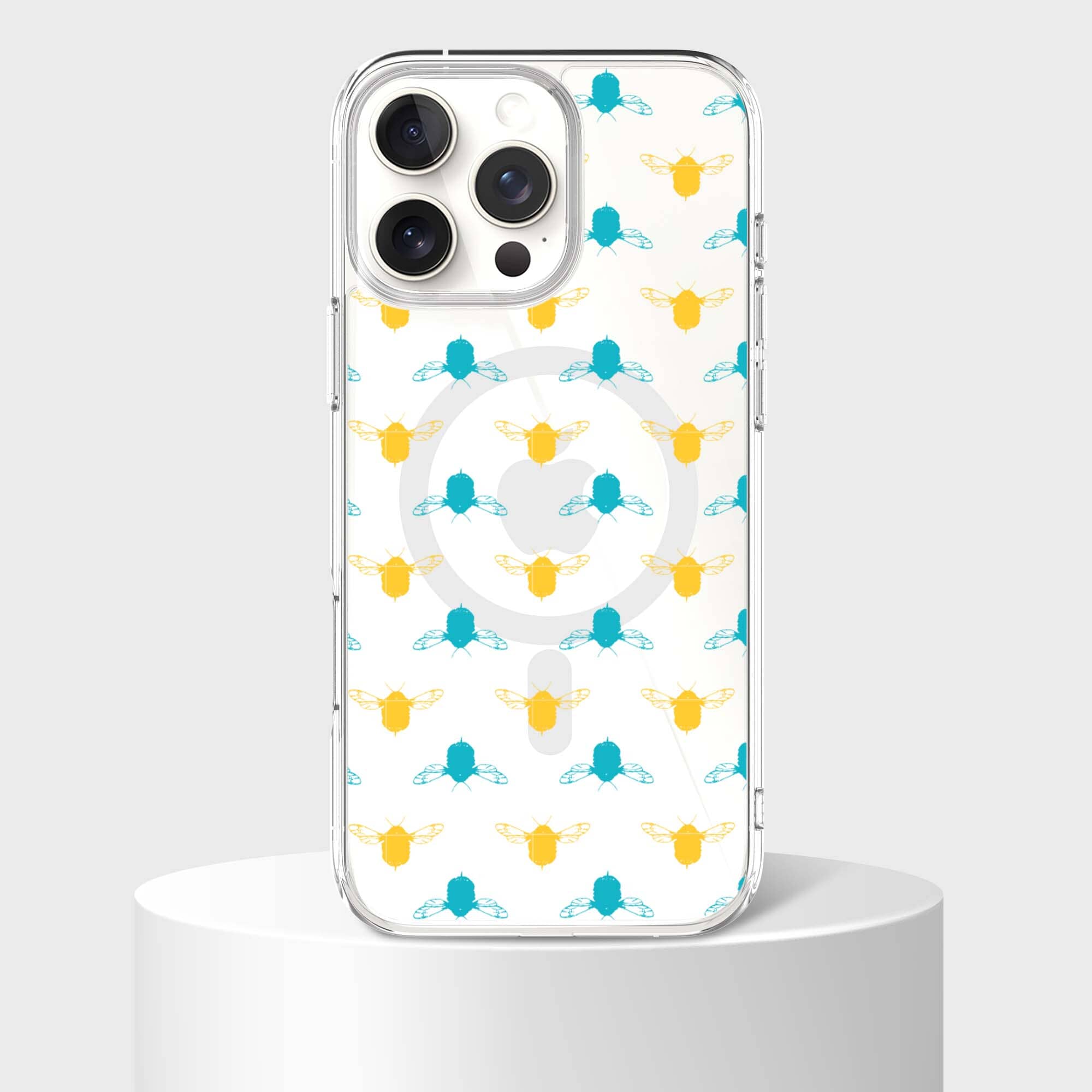 iPhone 16 Pro Clear Case - Blue and Yellow Bumble Design