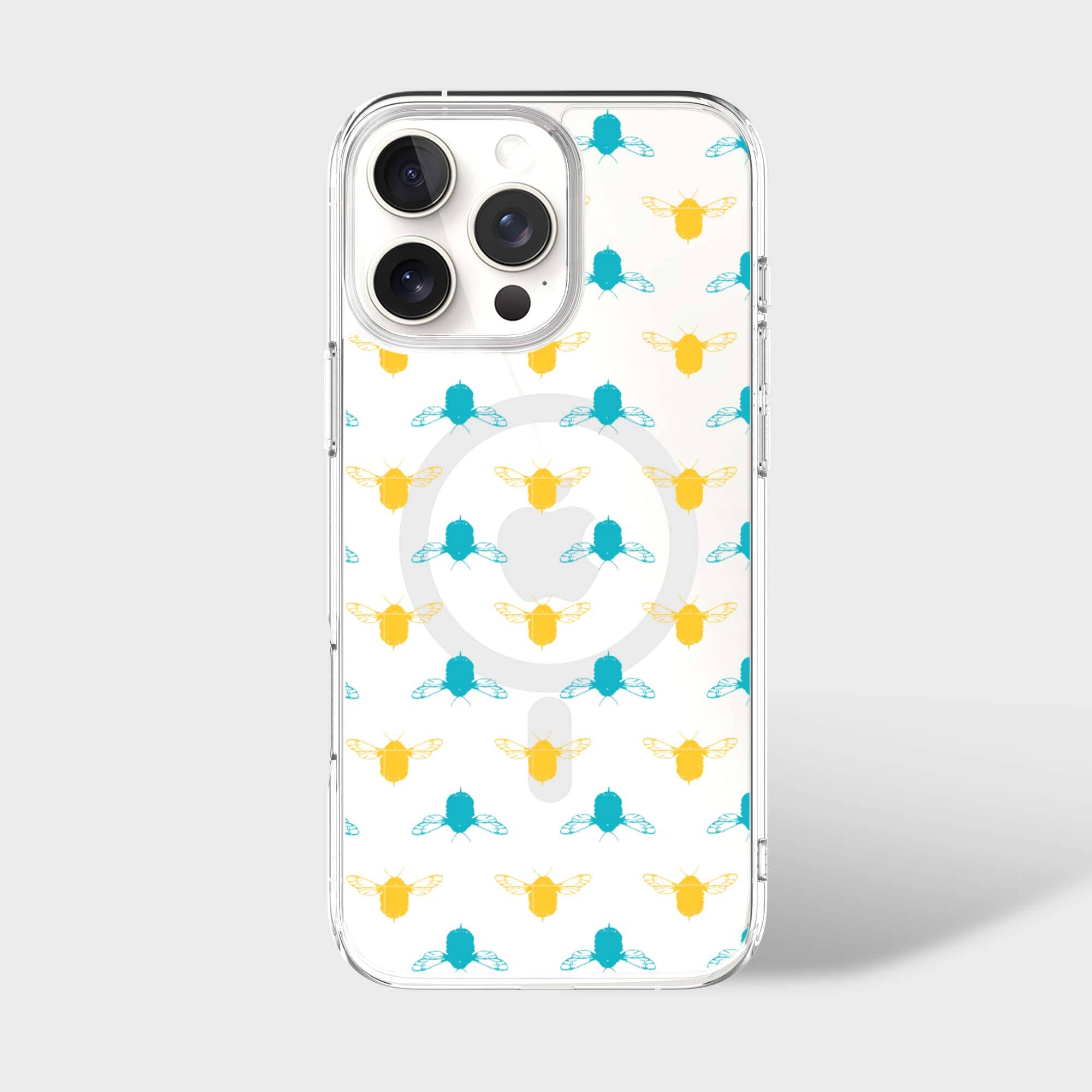 iPhone 16 Pro Clear Case - Blue and Yellow Bumble Design