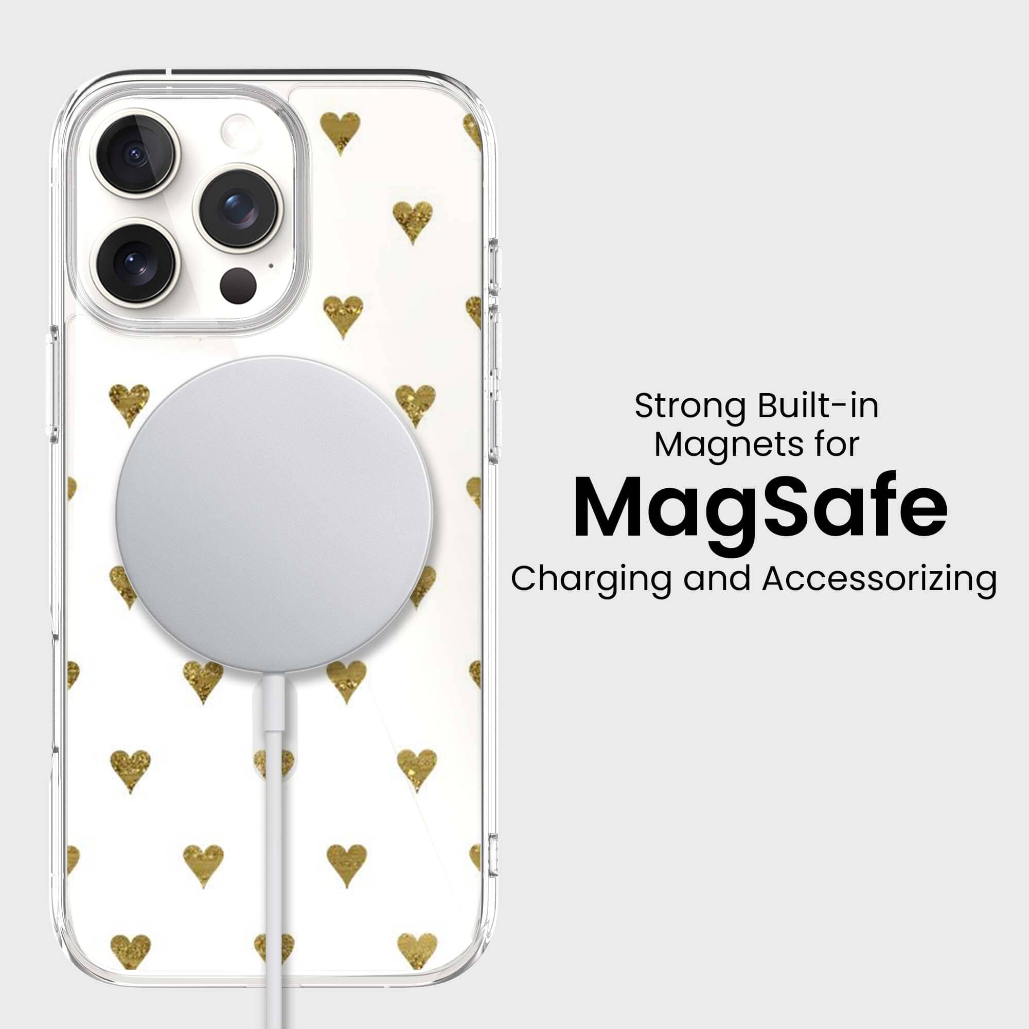 MagSafe iPhone 16 Pro Max Gold Hearts Clear Case | 10‑ft Drop