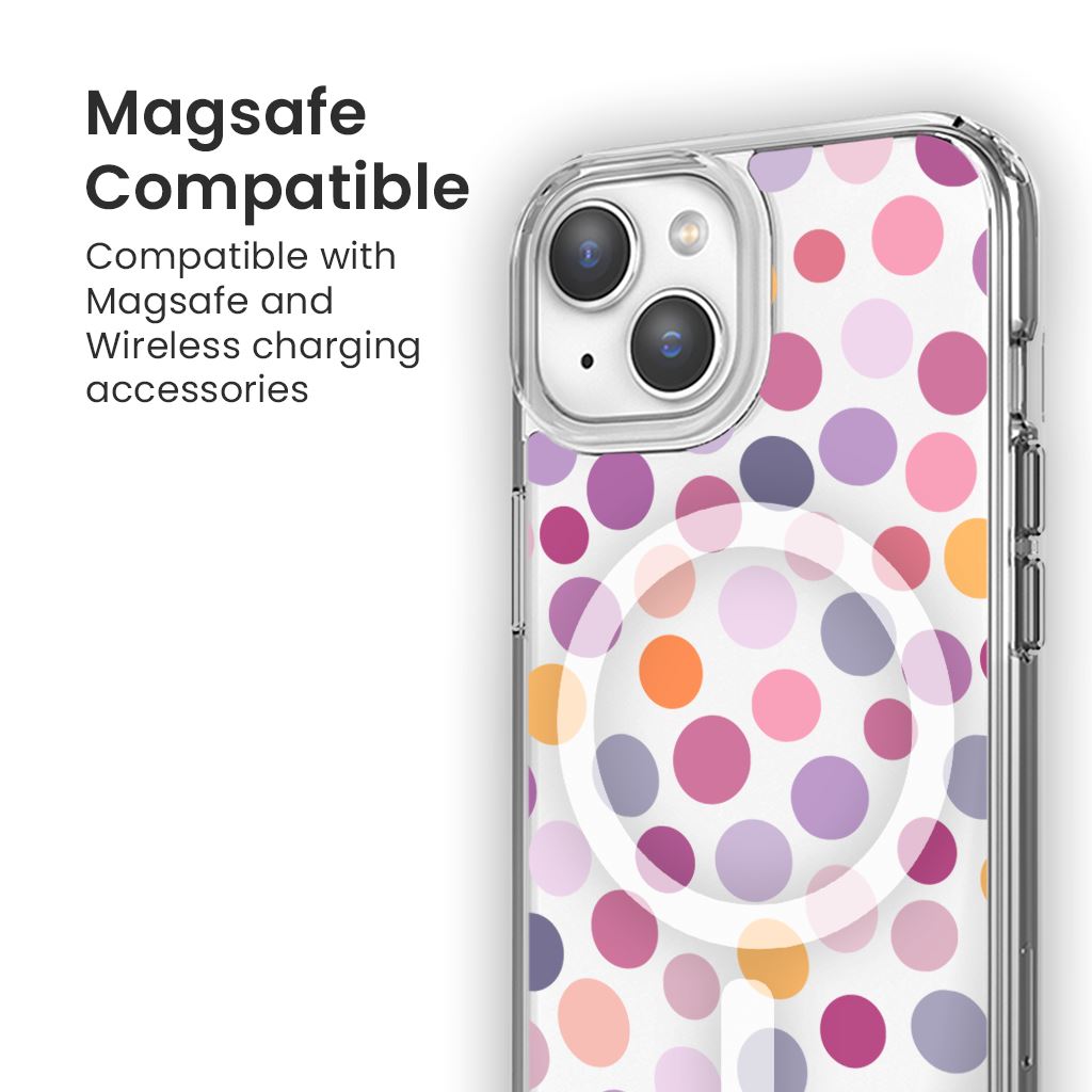 MagSafe iPhone 14 Purple Polka Dots Clear Case