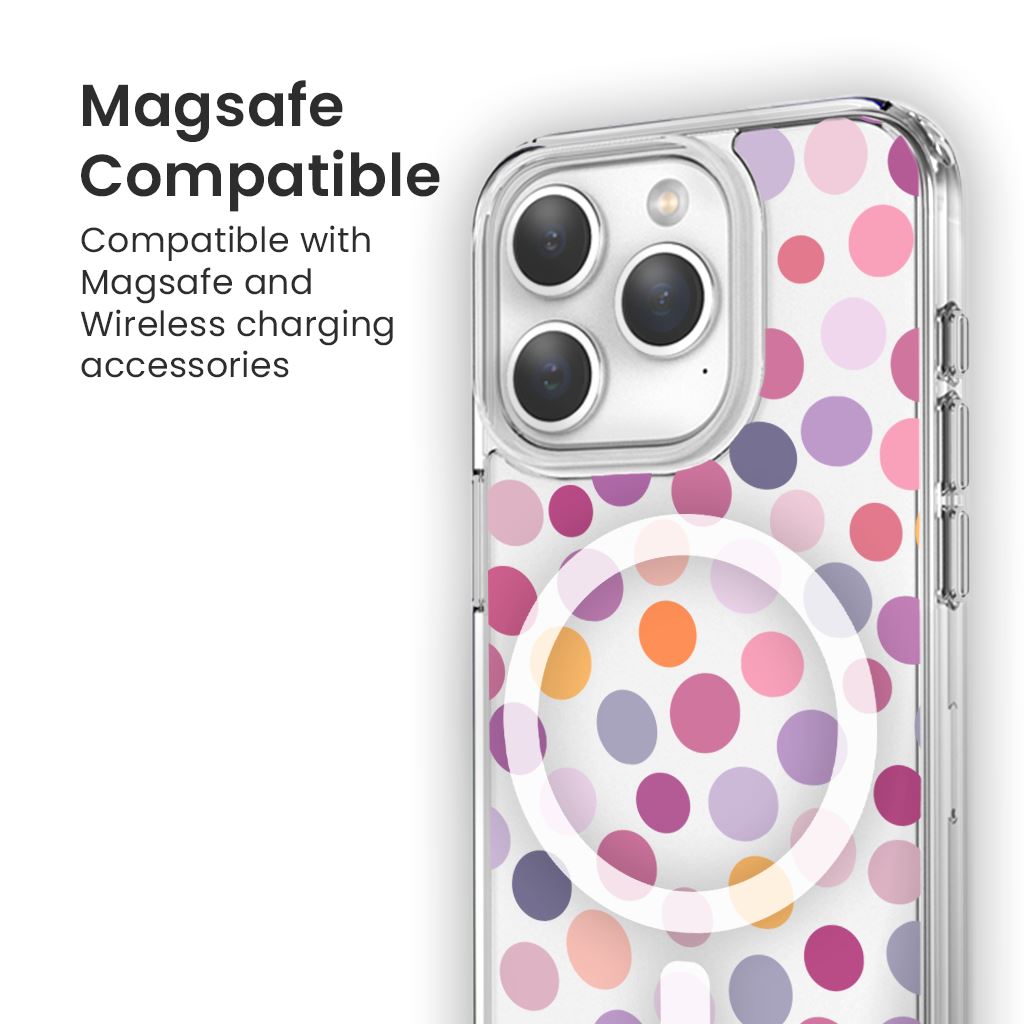 MagSafe iPhone 15 Pro Max Purple Polka Dots Clear Case