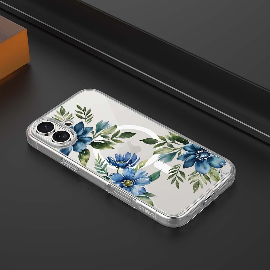 MagSafe iPhone 16 Blue Floral Clear Case