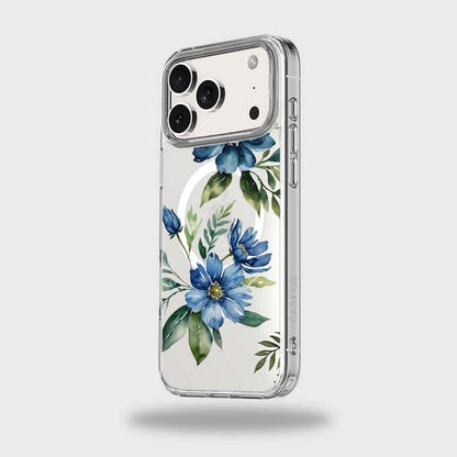 MagSafe iPhone 17 Pro Max Blue Floral Clear Case