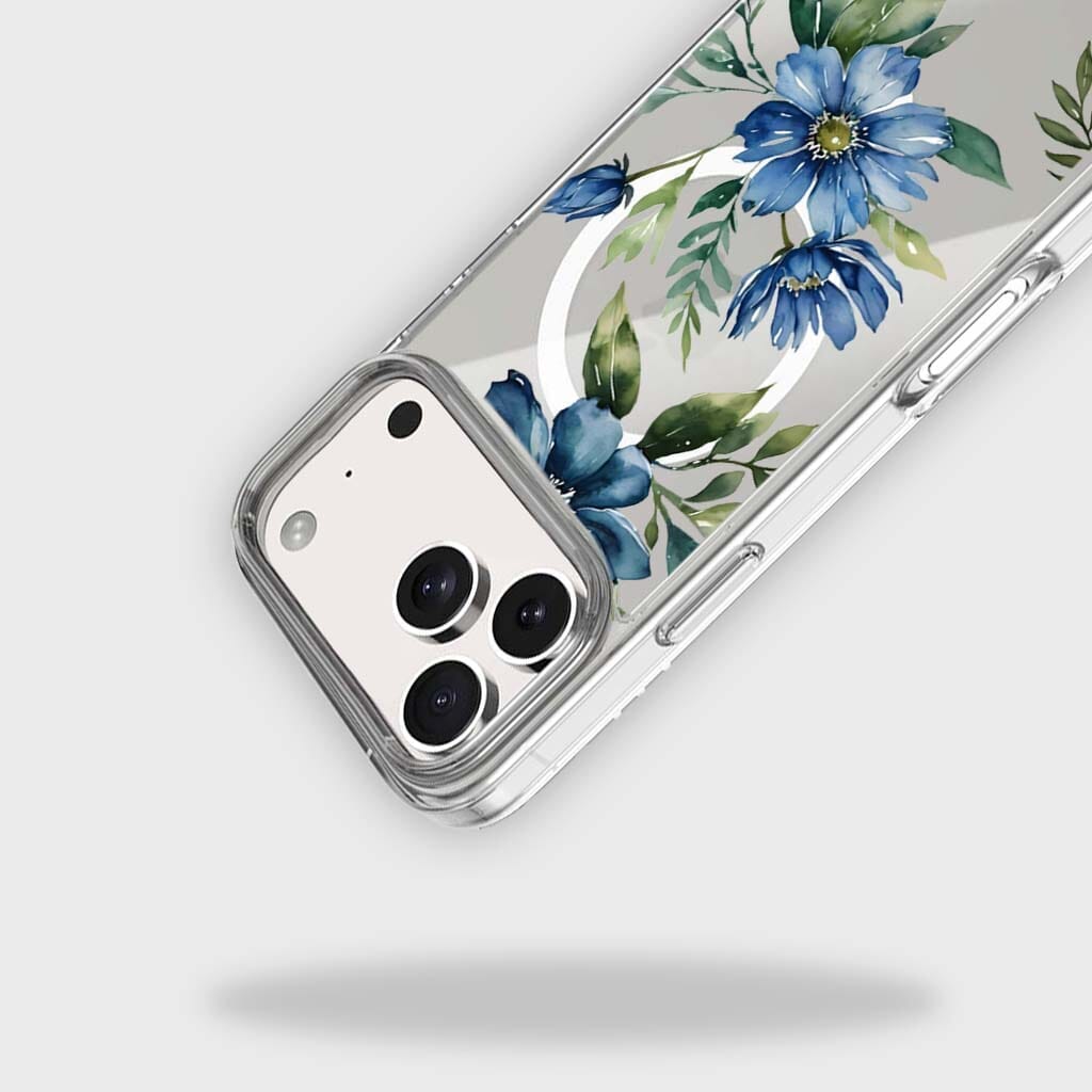 MagSafe iPhone 17 Pro Max Blue Floral Clear Case