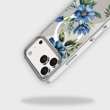 MagSafe iPhone 17 Pro Max Blue Floral Clear Case