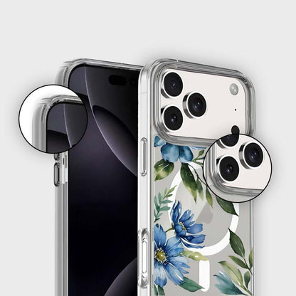 MagSafe iPhone 17 Pro Max Blue Floral Clear Case
