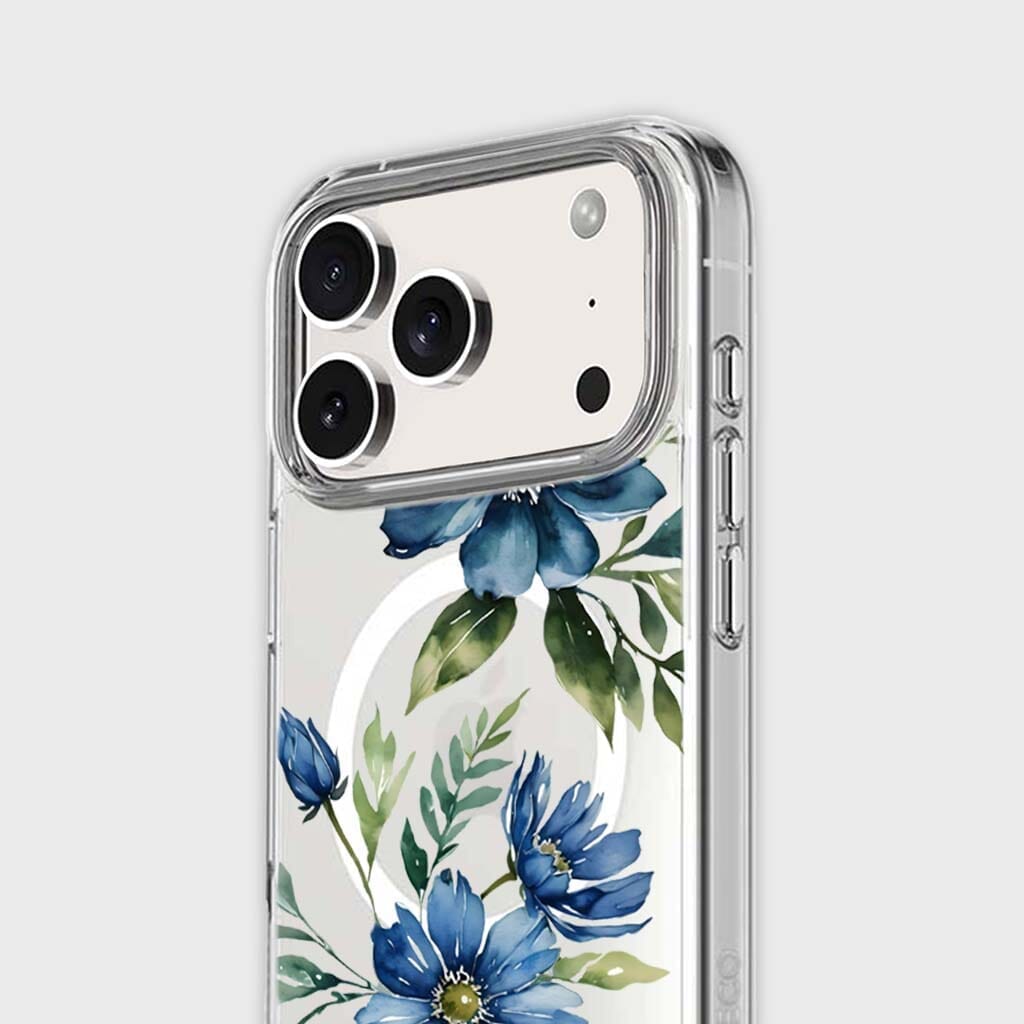 MagSafe iPhone 17 Pro Blue Floral Clear Case
