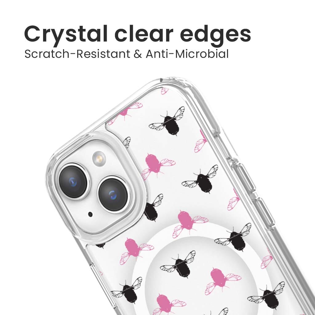 iPhone 15 Clear Case - Black and Pink Bumble Design