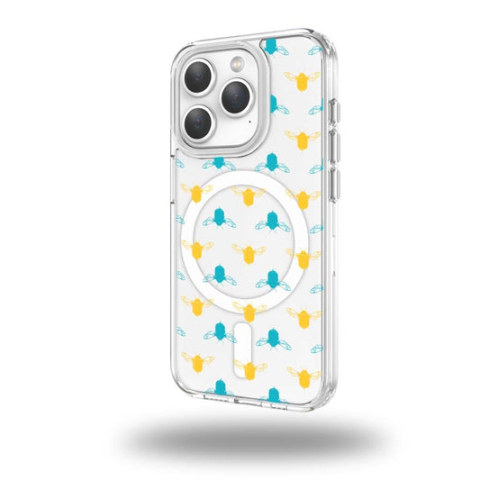 iPhone 15 Pro Max Clear Case - Blue and Yellow Bumble Design