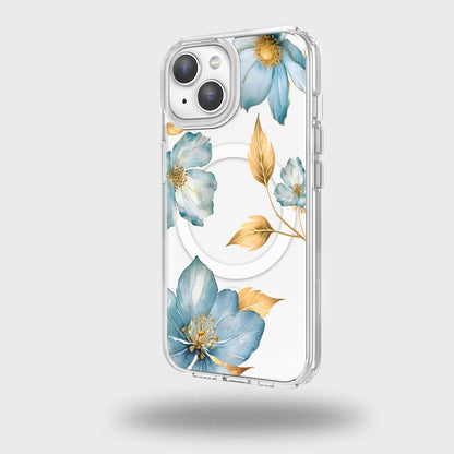 MagSafe iPhone 15 Blue Wildflower Clear Case