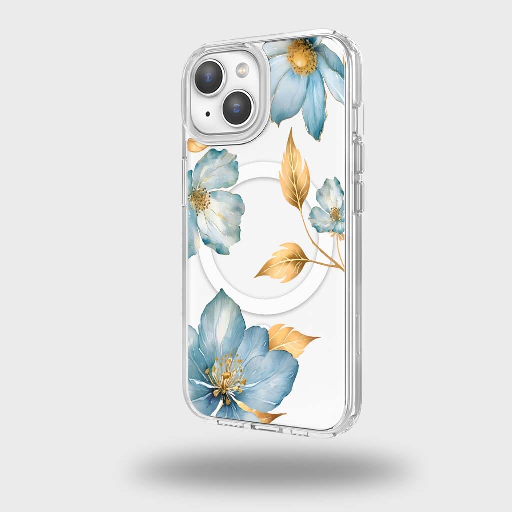 MagSafe iPhone 14 Blue Wildflower Clear Case