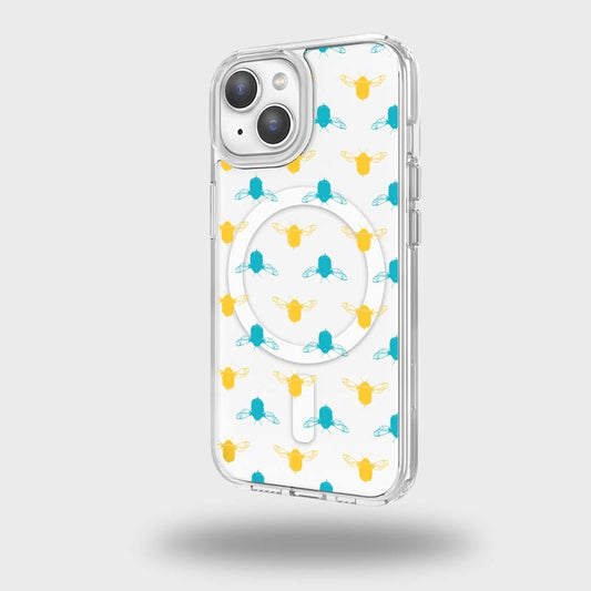 iPhone 15 Clear Case - Blue and Yellow Bumble Design