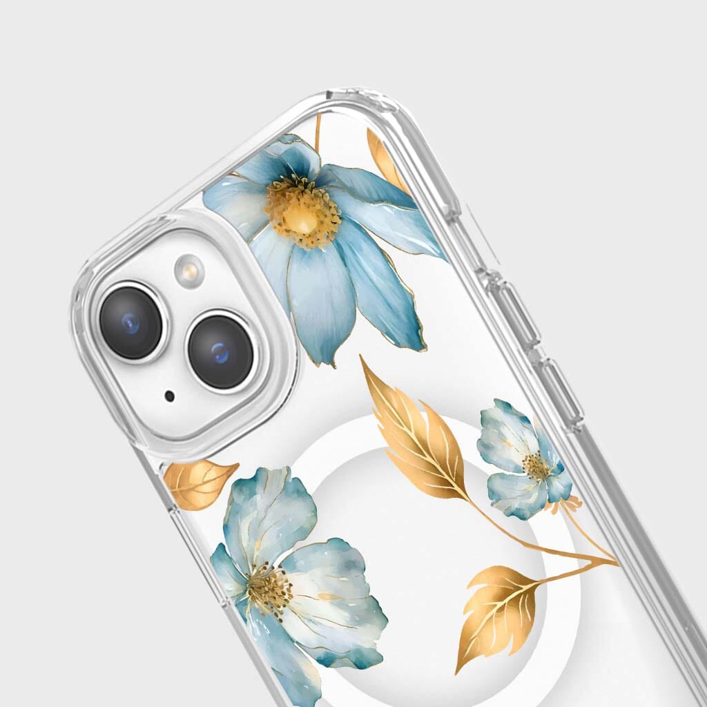 MagSafe iPhone 14 Blue Wildflower Clear Case