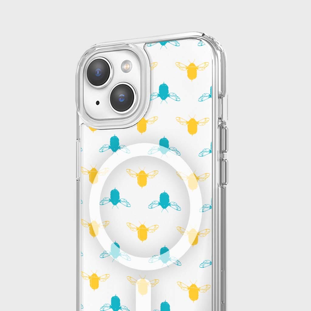 iPhone 14 Clear Case - Blue and Yellow Bumble Design