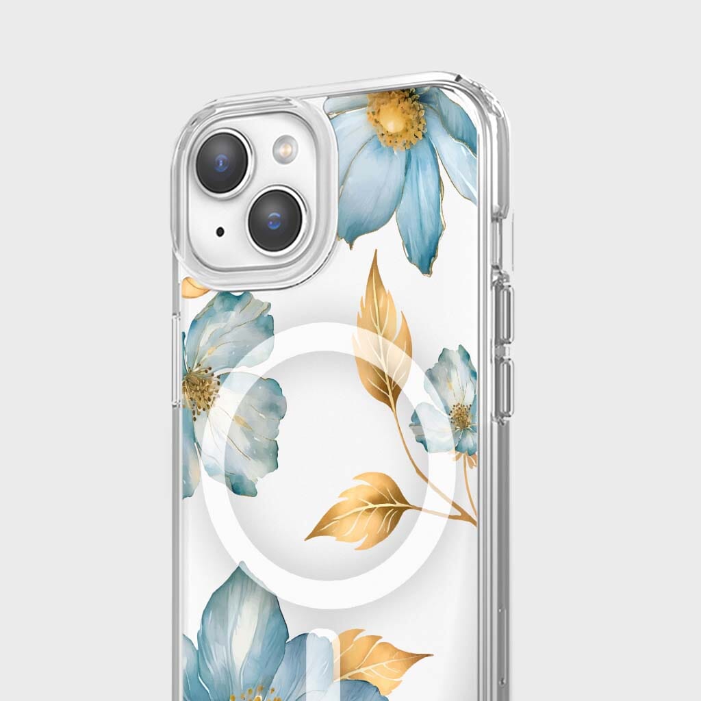 MagSafe iPhone 14 Blue Wildflower Clear Case