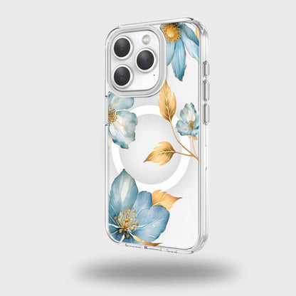 MagSafe iPhone 15 Pro Blue Wildflower Clear Case