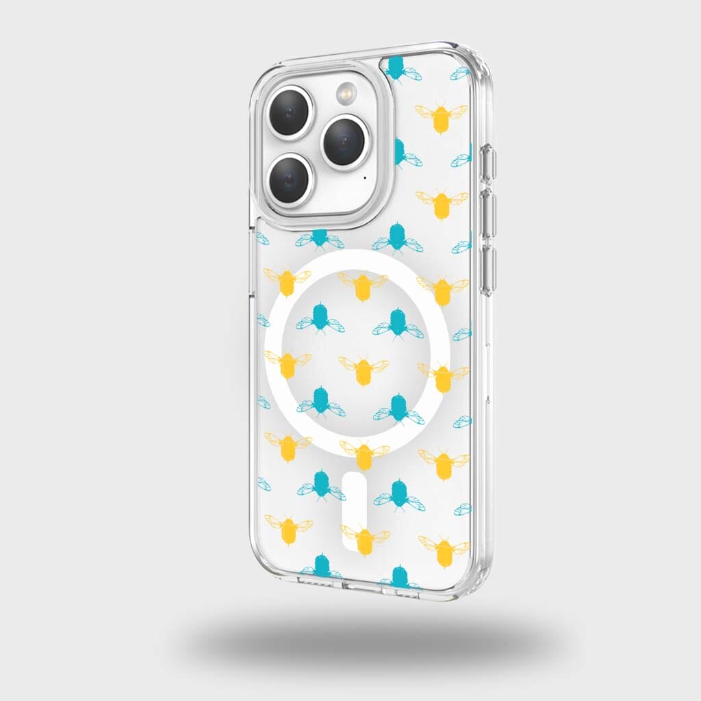 iPhone 15 Pro Max Clear Case - Blue and Yellow Bumble Design