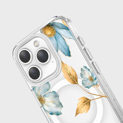 MagSafe iPhone 15 Pro Blue Wildflower Clear Case