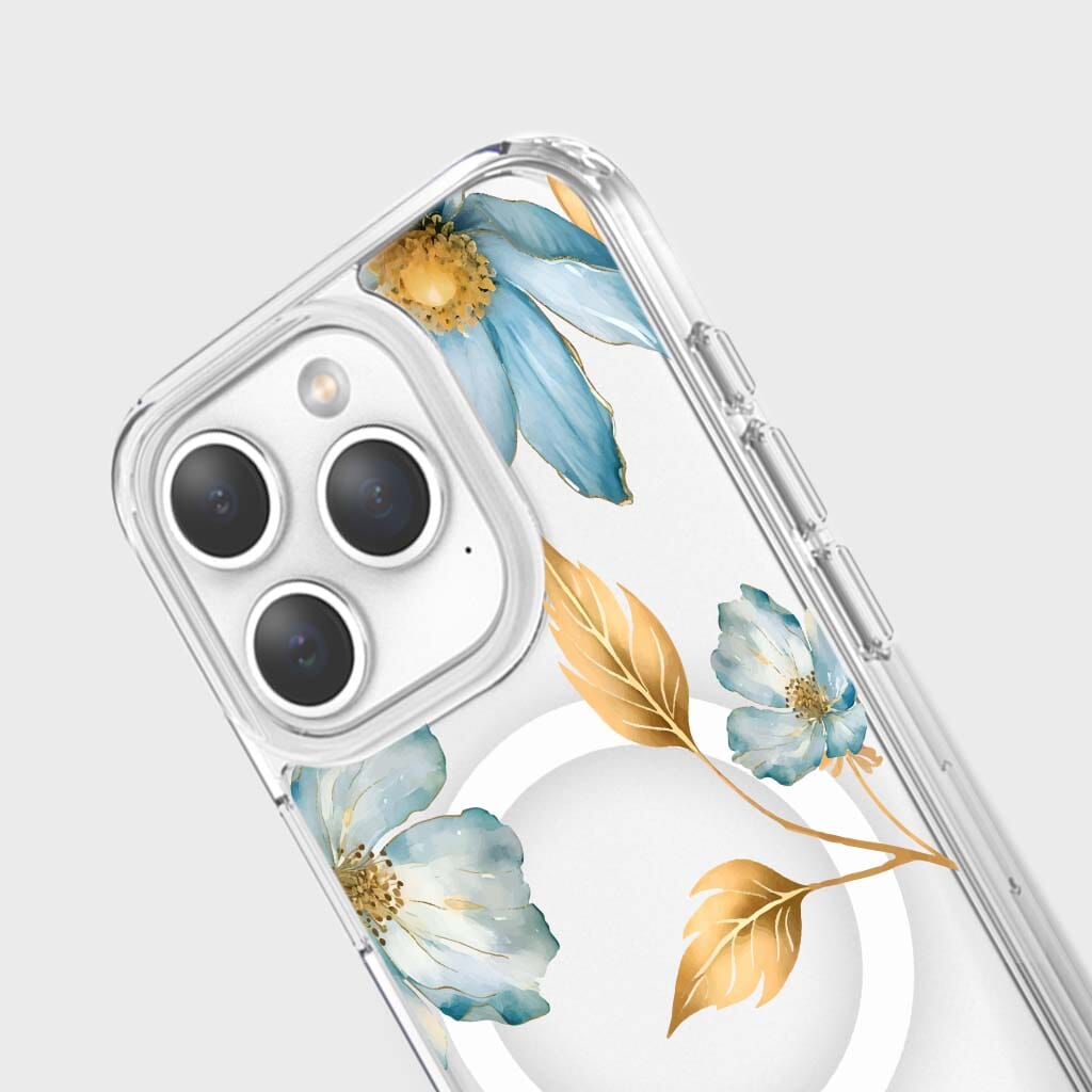 MagSafe iPhone 15 Pro Max Blue Wildflower Clear Case