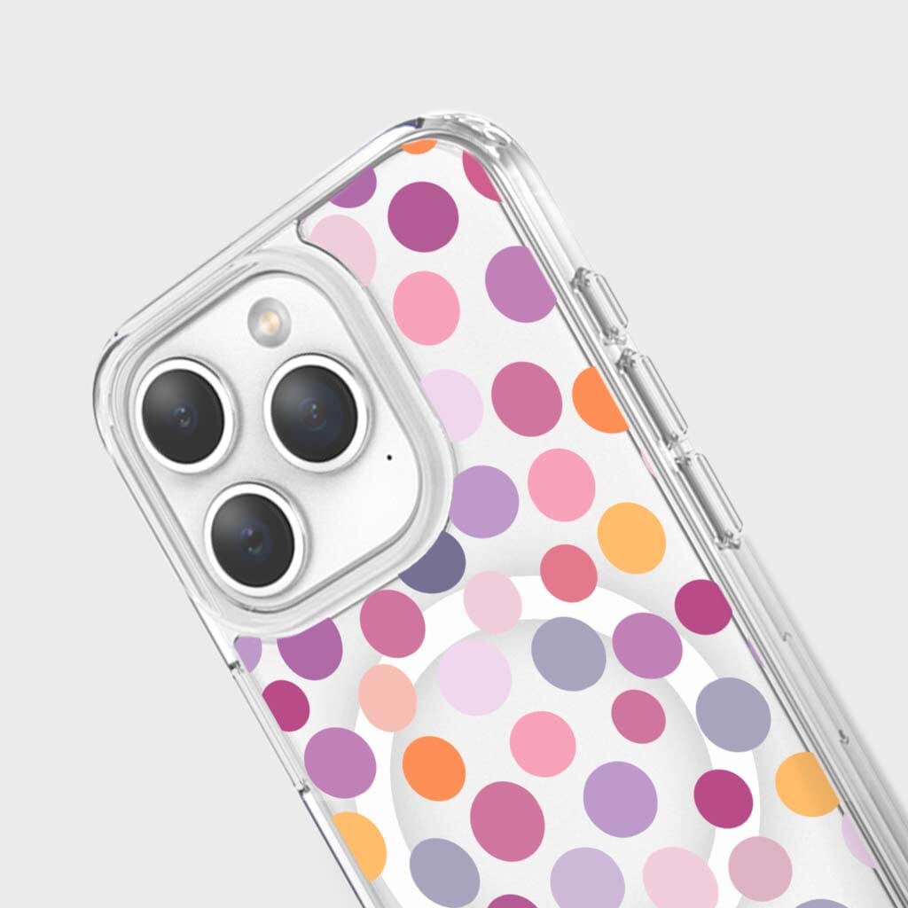 MagSafe iPhone 15 Pro Max Purple Polka Dots Clear Case