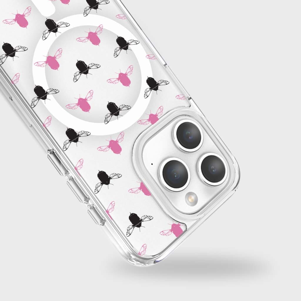 iPhone 15 Pro Max Clear Case - Black and Pink Bumble Design