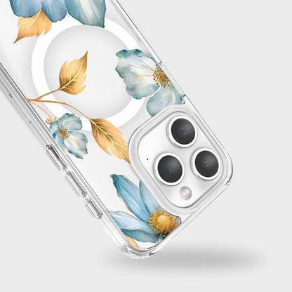 MagSafe iPhone 15 Pro Blue Wildflower Clear Case