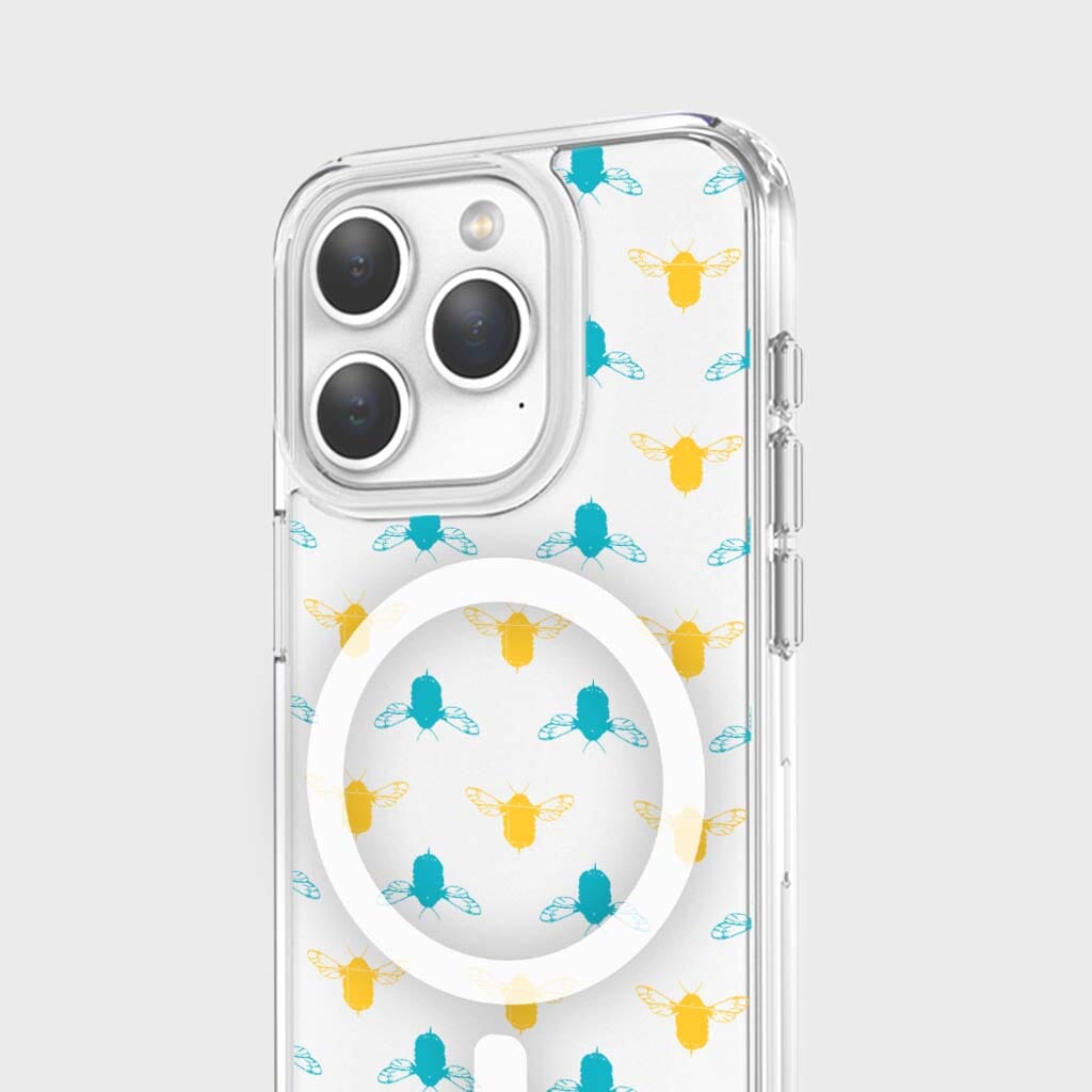 iPhone 15 Pro Max Clear Case - Blue and Yellow Bumble Design