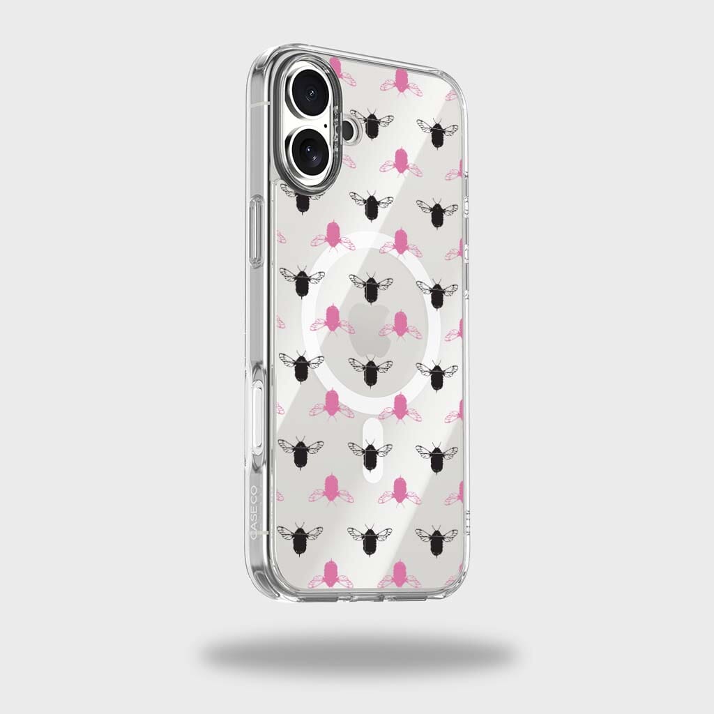 iPhone 16 Clear Case - Black and Pink Bumble Design