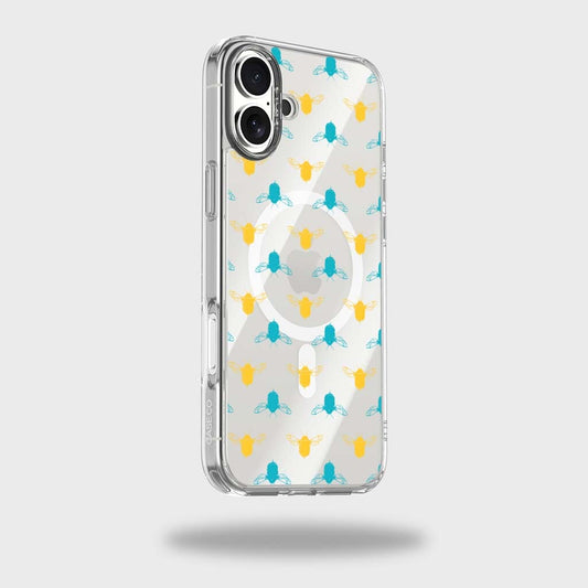 iPhone 16 Clear Case - Blue and Yellow Bumble Design