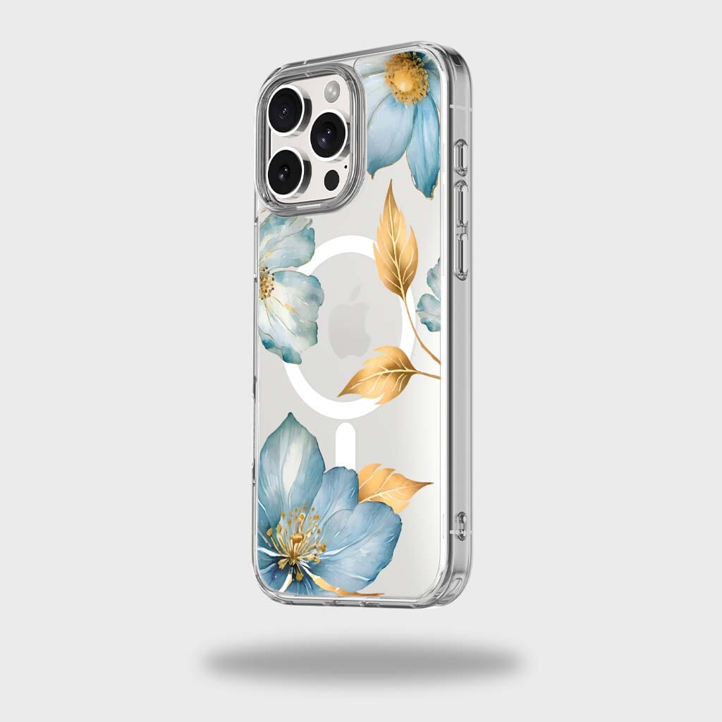 MagSafe iPhone 16 Pro Max Blue Wildflower Clear Case