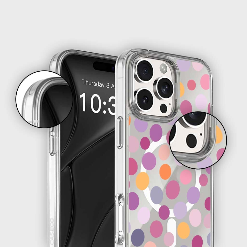 MagSafe iPhone 16 Purple Polka Dots Clear Case