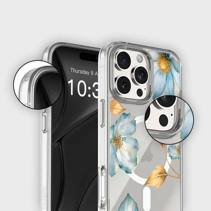 MagSafe iPhone 16 Pro Max Blue Wildflower Clear Case