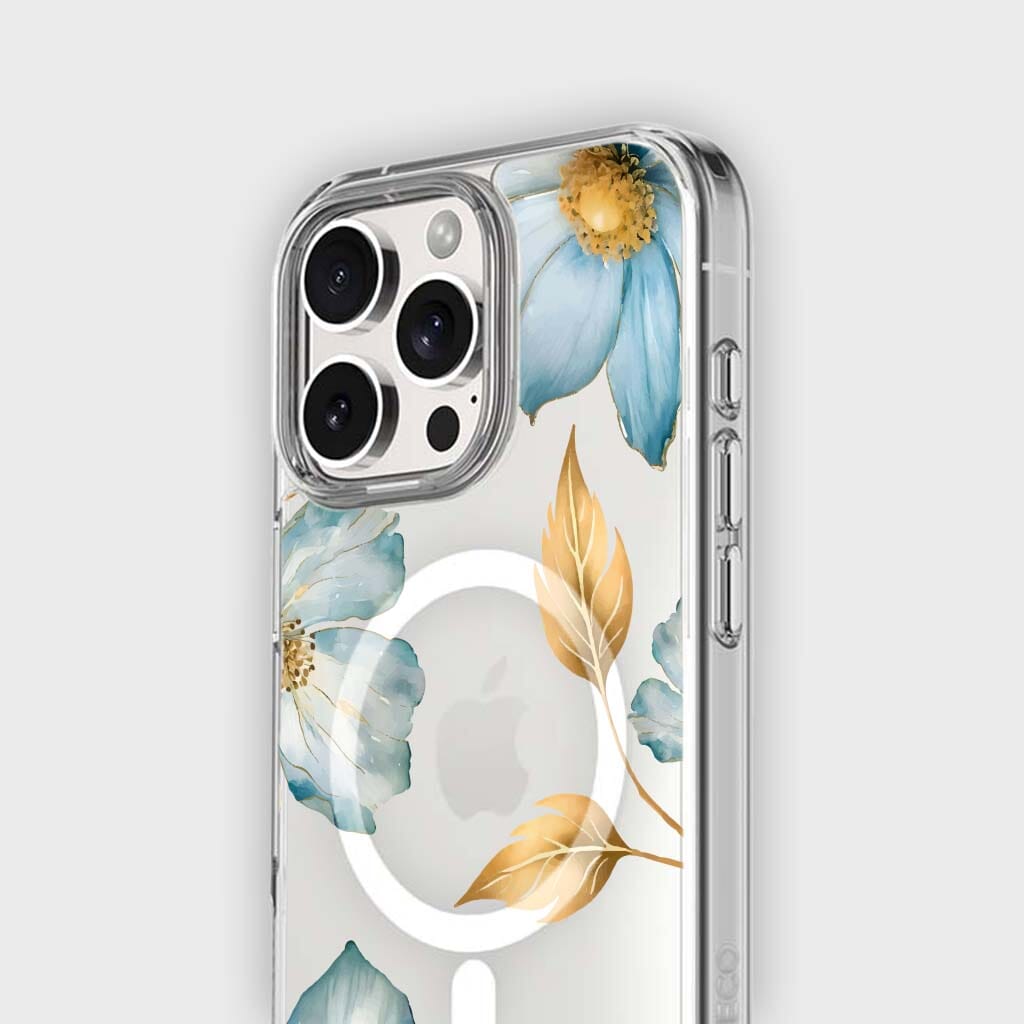 MagSafe iPhone 16 Pro Blue Wildflower Clear Case