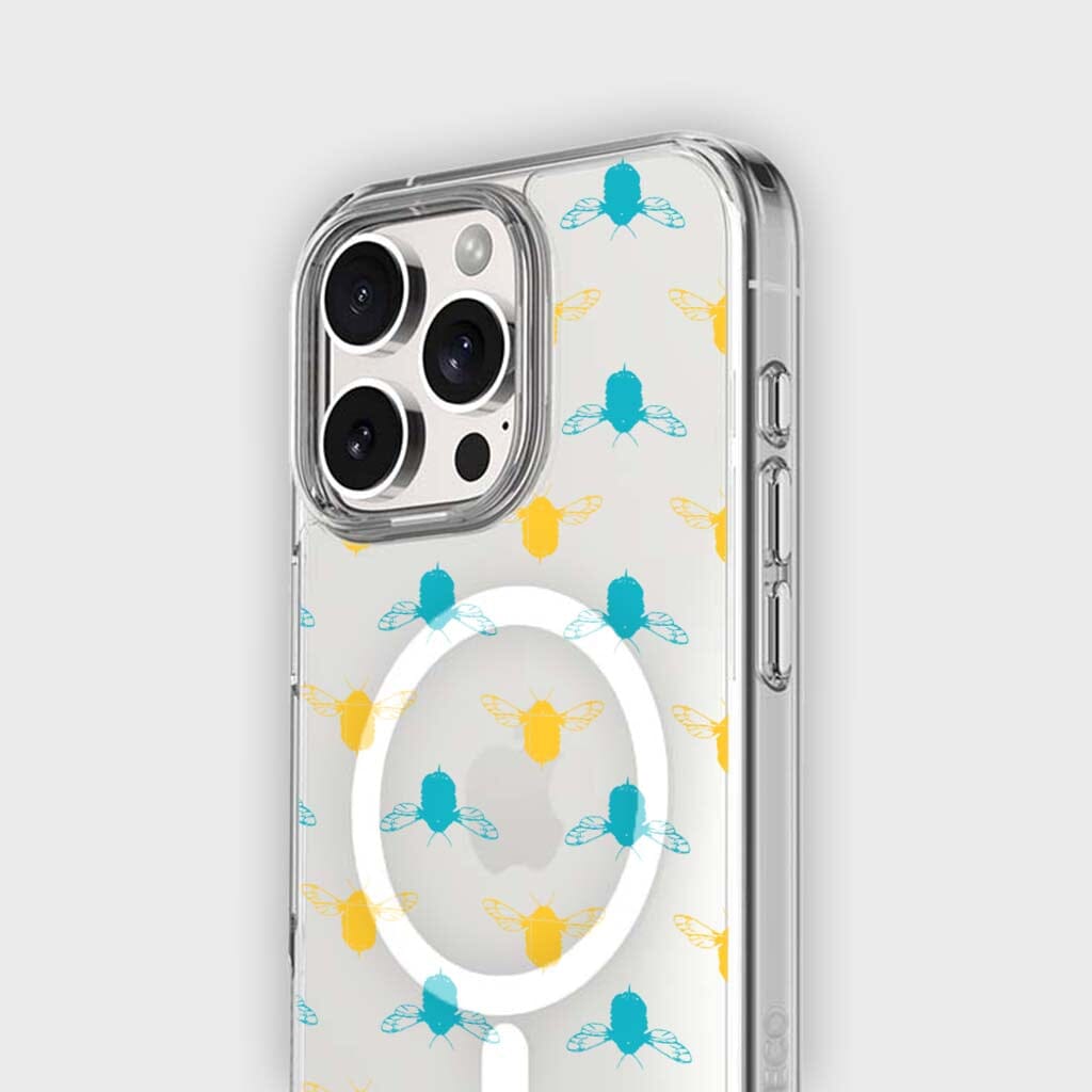 iPhone 16 Pro Clear Case - Blue and Yellow Bumble Design