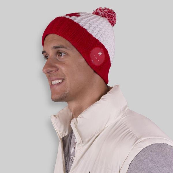 Red & White Leaf Bluetooth Beanie With Pom