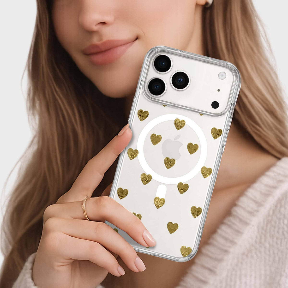 iPhone 18 Pro Max Gold Hearts Clear Case with MagSafe