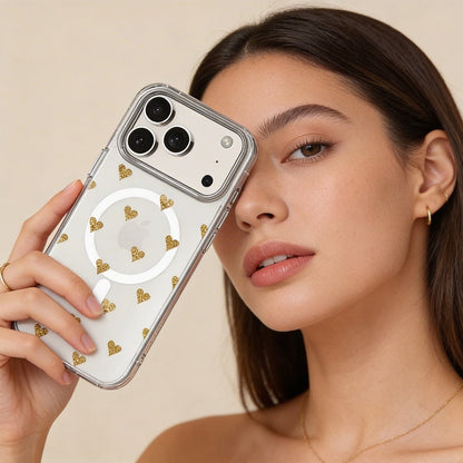 iPhone 17 Pro Max Gold Hearts Clear Case With MagSafe