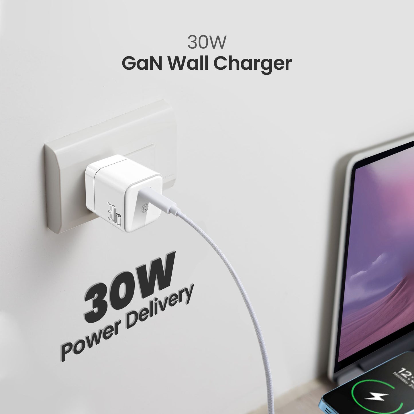 GaN 30W Wall Charger with 100W Type C to Type C Cable - White