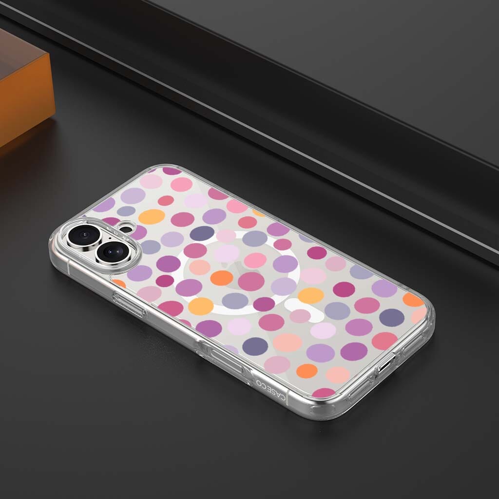 MagSafe iPhone 16 Purple Polka Dots Clear Case